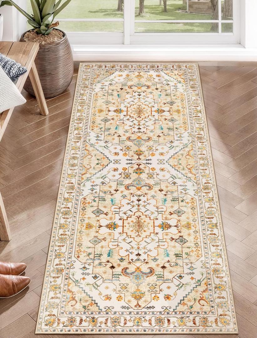 SERISSA Boho Washable Runner Rug, 2x5 Rug Runner Non-Slip Vintage Light Yellow Hallway Kitchen Runner Rug Ultra Soft Print Distressed Floor Carpet Runner for Bedroom Bathroom Laundry Living Room