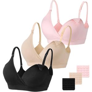 Vinfact 3 Pack Nursing Bras for Breastfeeding Seamless V Neck Maternity Bra Women Pregnancy Breastfeeding Bra (Large, Black/Nude/Pink)