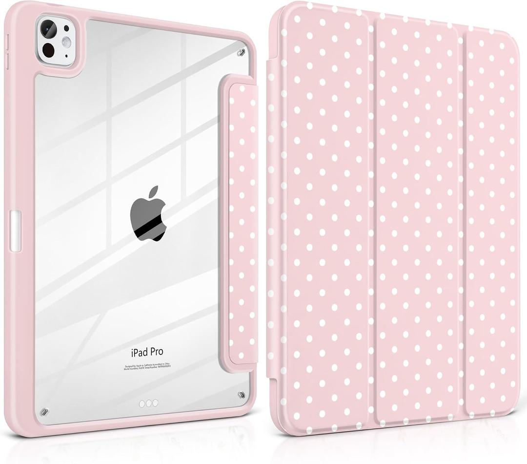 Case for iPad Pro 13 Inch (M5 2025 M4 2024) – [Built-in Pencil Holder], Shockproof & Stylish, Clear Hard Back + Soft TPU Edge, Magnetic Trifold Stand, Auto Wake/Sleep, Pink White dot