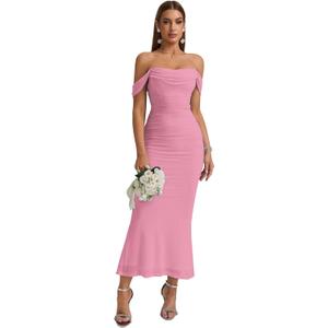 KUTUMAI Off The Shoulder Maxi Long Dress Corset Ruched Bodycon Cocktail Formal Wedding Guest Dresses for Women