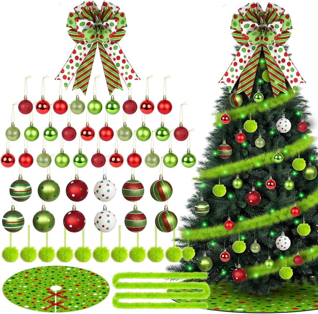 56 Pcs Christmas Tree Ornaments Set Include Red Lime Green Peppermint Candy Ball Ornaments Christmas Tree Bow Topper Faux Fur Ribbon Ball Tree Skirt Led Lights for Xmas Holiday Decor