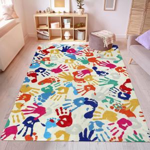STARUIA Colorful Kids Rug for Playroom 8x10, Large Handprints and Footprints Classroom Rug, Non-Slip Washable Area Rugs for Kids Room Nursery, Soft Throw Carpet Indoor Playmat for Living Room Bedroom