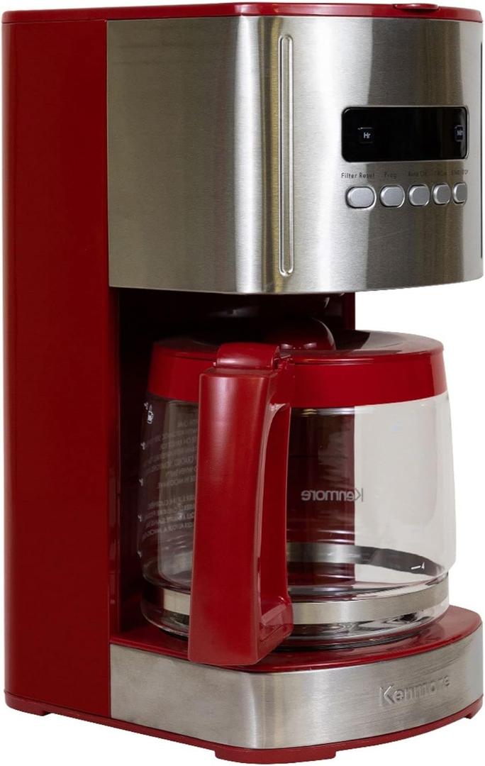 Kenmore Drip Coffee Maker - 12 Cup Programmable Cafe Machine With Glass Pot, Regular & Bold Brew, Auto Shut Off Large Water Reservoir, Reusable Filter, Kitchen Appliances For Cafeteria Barista, Red (EXP 05/22/36)