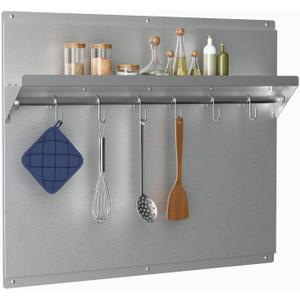 IKTCH Range Backsplash with Shelf 24 x 30 Inch Range Hood Wall Shield, Stainless Steel Backsplash Silver Splash Plate for Range Hood Stainless Backsplash with Built-in Storage Shelf and Hanging Rack