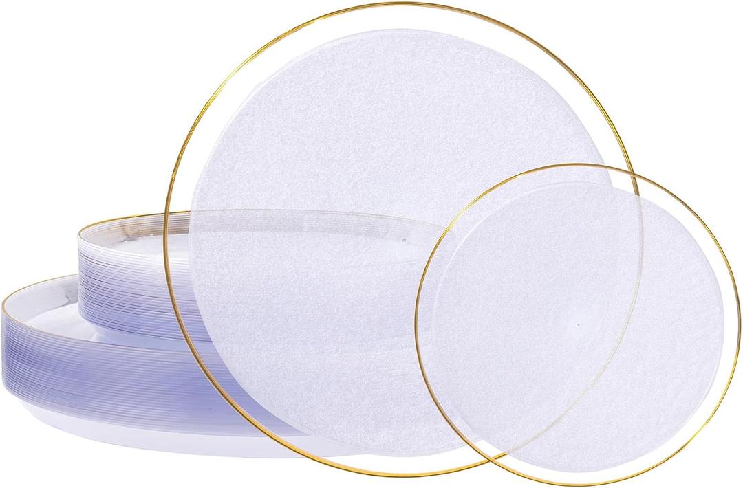 DaYammi 60Pcs Clear Gold Plastic Plates - Disposable Party Plates, Gold Plates Disposable Include 30 Dinner Plate 10inch,30 Dessert Plate 7inch,Frosted Bottom Plastic plates for Party,Wedding,Holiday