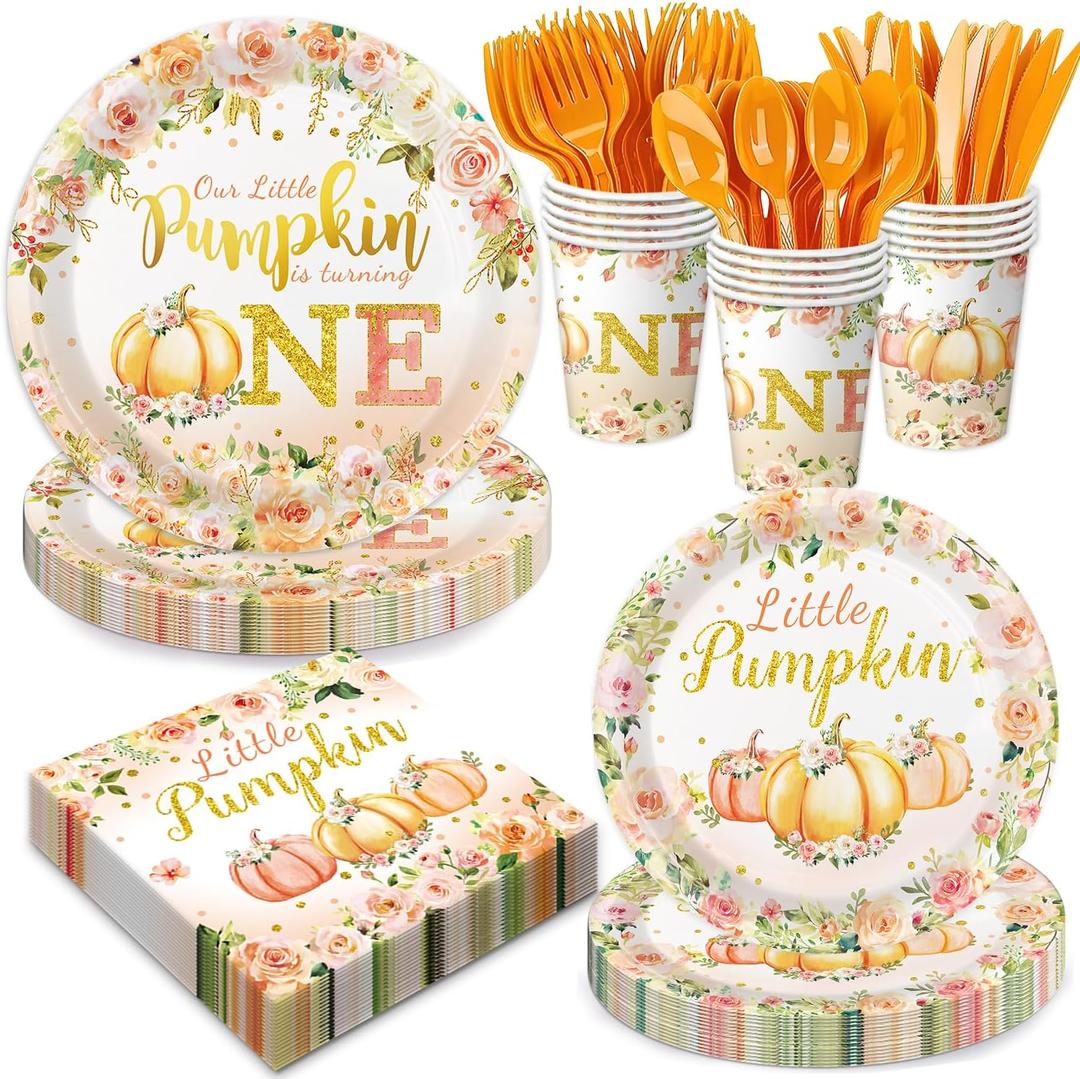 Fall Little Pumpkin Baby Shower Party Decorations A Little Pumpkin is On The Way Baby Shower Including Plates, Napkins, Cups, and Forks, Serves 24 Guests