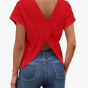 LilyCoco Women's Short Batwing Sleeve Shirt Criss Cross Back Tops Casual Loose Plain Tee, Medium
