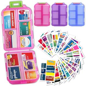 Pill Organizer with Medicine Labels, Travel Daily Pill Container, Mini Medication Organizer, 7-Day Pill Case, Set of 3 (Blue+Pink+Purple) (Standard)