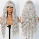 Silver Gray Wig with Bangs Grey Wigs for Women Long Curly Wig with Air Bangs Loose Wave Wig Heat Resistant Synthetic Platinum White Wig for Daily Party 24 Inch