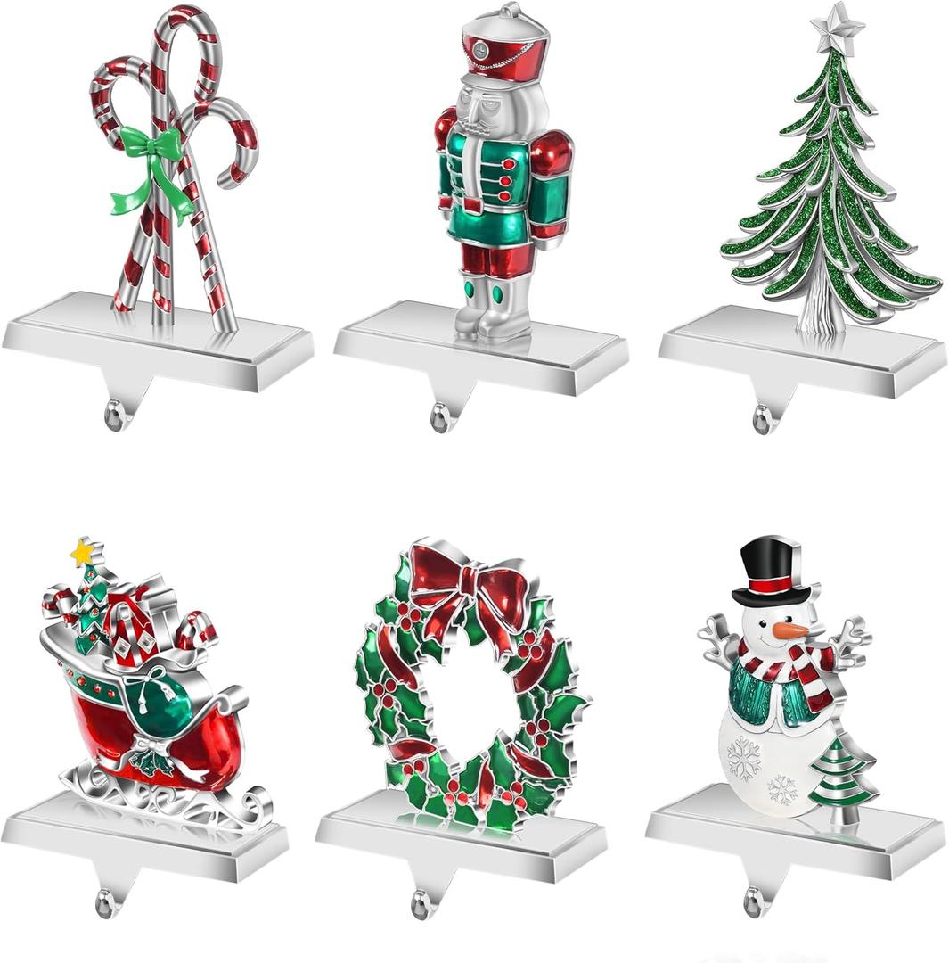 Christmas Stocking Holders for Mantle Set of 6, Snowman Xmas Tree Nutcracker Candy Cane Sleigh Wreath Standing Stocking Hangers, Weighted Metal Christmas Decorations for Fireplace, Shelf, Staircases