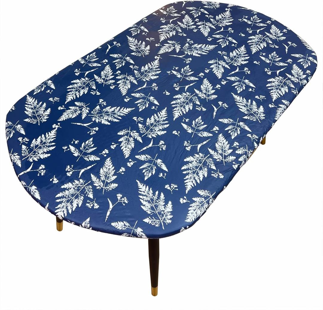 Pioggia Oval Vinyl Fitted Tablecloth with Flannel Backing Elastic Edged Table Cloth Waterproof Oil-Proof Plastic Table Cover (Blue Leaves Pattern, Best for Up to 48" x 68")