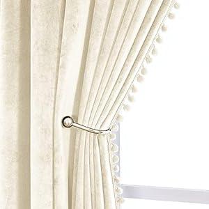 VANASEE Pompom Velvet Curtains for Bedroom Rod Pocket 52x90 inch Soft Blackout Window Curtains Room Darkening Drape Light Blocking for Living Room 2 Panels, Ivory