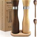 Solid Beech Wood Salt & Pepper Grinder 5PC Set, 9.25inch Manual Mills with Tray & Wooden Spoons, Adjustable Coarseness Ceramic Core,Refillable Non-Slip Base for Kitchen Countertop Dining Decor
