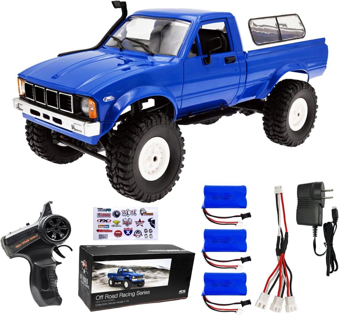 WPL C24 1/16 RC Rock Crawler 4x4 Truck with 3 Upgraded 1200mah Battery 2.4GHz Remote Control Off-Road Pick-up RTR for Men (Blue)
