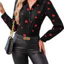 Floerns Women's Heart Print Long Sleeve Button Down Lapel Collar Blouse Top (Black)