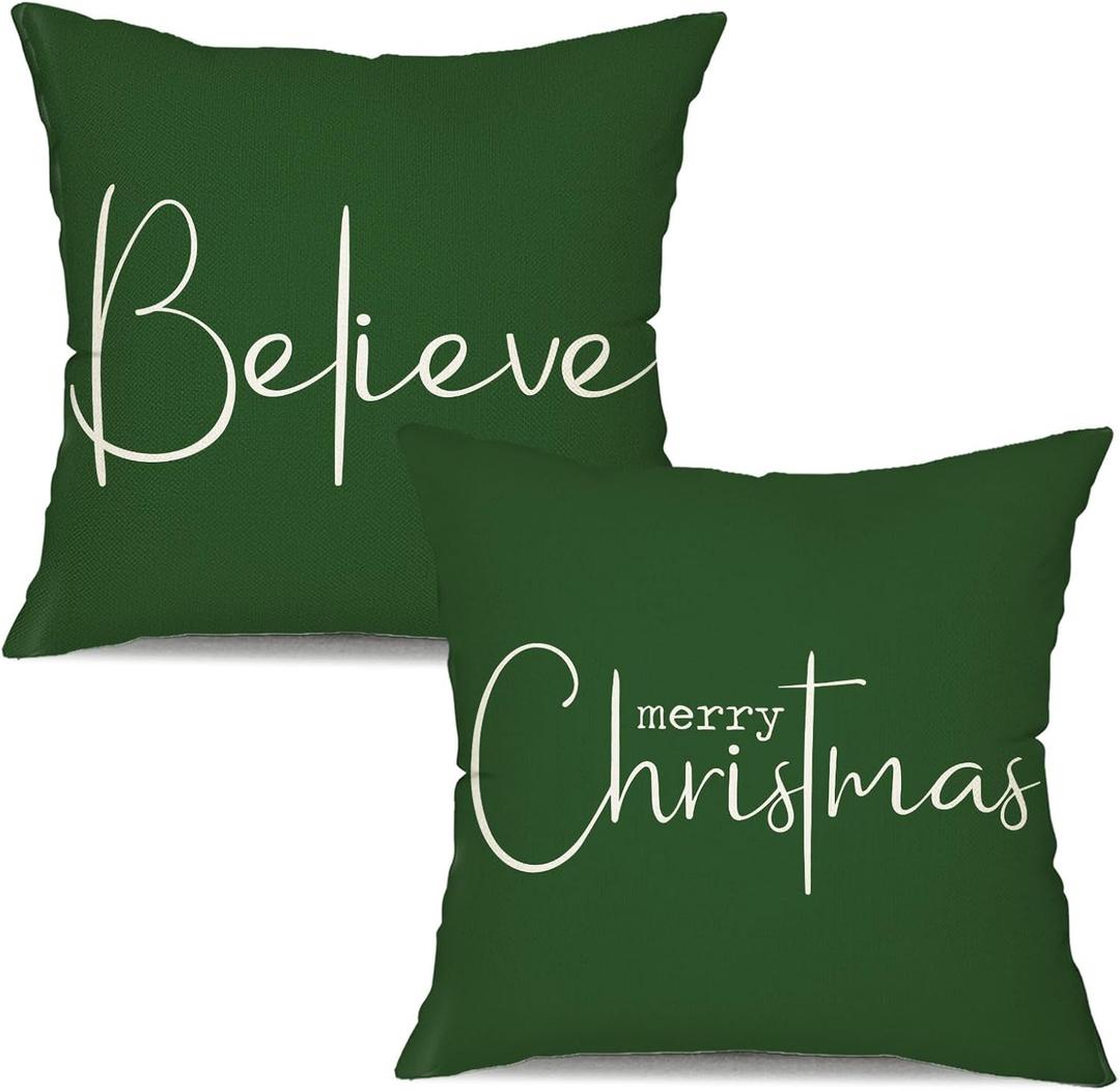 Christmas Throw Pillow Covers 18x18 Inch Set of 2 Merry Christmas Farmhouse Decorations Believe Holiday Decor Throw Cushion Case for Home Couch K (18" x 18" (Pack of 2), Green)