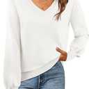 MEROKEETY Women's 2025 Fall Long Sleeve Sweater V Neck Winter Tops Casual Lightweight Knit Pullover Shirts (White)