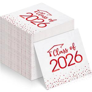 100Pcs Class of 2026 Graduation Napkins, Disposable Congrats Grad Paper Cocktail Napkins Square Foil Dot Hand Towels for 2026 School University College Graduation Party DecorationsRed