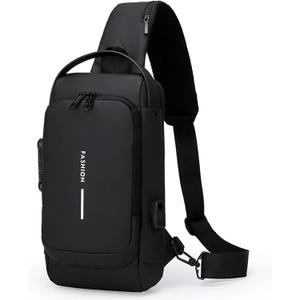 Anti-Theft Sling Bag for Men Waterproof Crossbody Bag with Combination Lock & USB Charging Port Lightweight Chest Backpack for Travel Hiking (All Black)