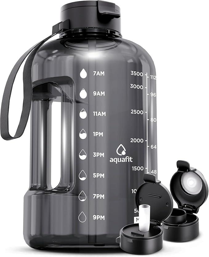 AQUAFIT 1 Gallon Water Bottle with Time Marker - Straw & Chug Lid - BPA Free Gym Water Bottle with Straw - Big Gallon Jug (Gray, 128 oz - 2 Lids)