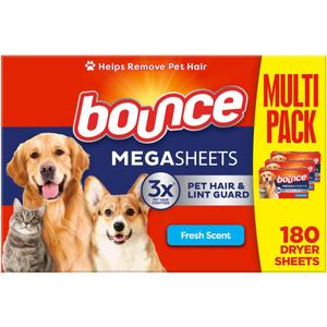 Bounce Pet Hair and Lint Guard Mega Fabric Softener Dryer Sheets with 3X Pet Hair Fighters, Fresh Scent, 180 Count, Bounce Dryer Sheets, Laundry Sheets, Mega Sheet
