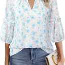 Timeson Business Tops for Women: 3/ 4 Sleeve - Women Blouse - Women Shirts Casual Dressy Spring Floral Ladies Tops office Work Clothing Summer Chiffon Tunic Loose Fancy Professional Interview Outfits, Size: XL