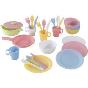KidKraft 27-Piece Pastel Cookware Set, Plastic Dishes and Utensils for Play Kitchens, Gift for Ages 18 mo+