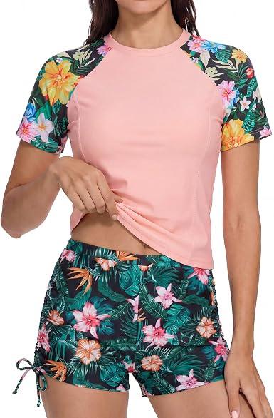 Sewetier Girls Swimsuit with Shorts Two Piece Rash Guard Pink Swimsuit UPF 50+ Short Sleeve Swimwear 13-14Y, Light Pink