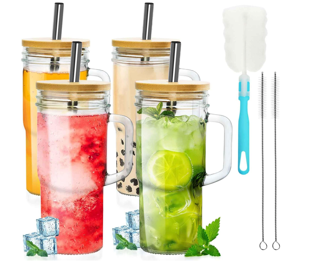 OTOB 4 Pack Glass Tumbler with Straws and Lids, 24oz Iced Coffee Mason Jar Cups, Clear Tumblers with Handle Bamboo Lid, Wide Mouth Boba Drinking Water Glasses for Smoothies Beer Juice Tea Soda Fruit