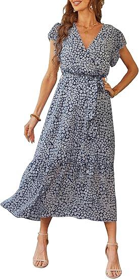 PRETTYGARDEN Women's Summer Floral Boho Maxi Dress Wrap Short Sleeve V Neck Ruffle A-Line Flowy Wedding Guest Long Dresses M