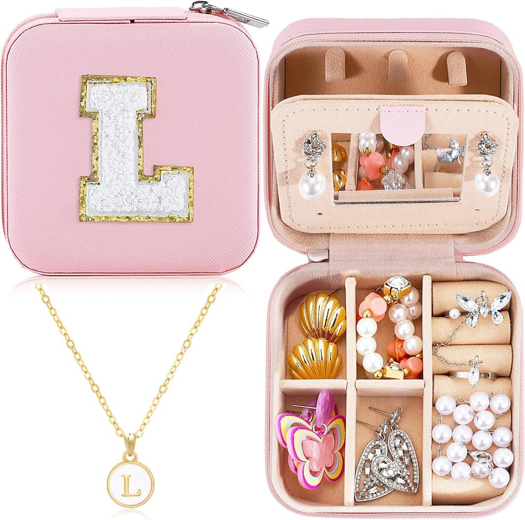 URSKYTOUS Travel Jewelry Case For Women Girls Daughter Birthday Gift from Mom Dad Jewelry Box Fashion Jewelry Organizer Holder Birthday Christmas Wedding Graduation Gift for Niece Girlfriend Sister(L) (Pink)