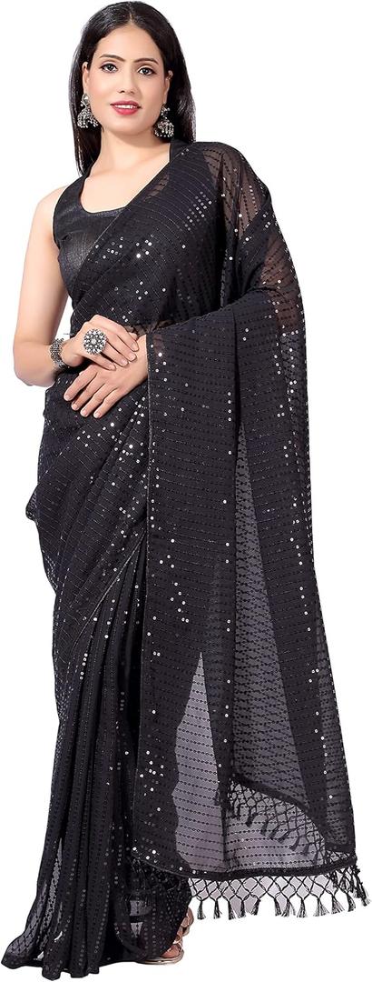 Women's Georgette Sequins Ready To Wear One Minute Saree for women With Unstitched Blouse. (Black)