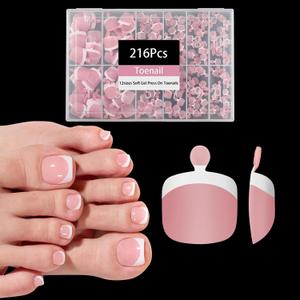 3 x 216pcs French Tip Press on Toenails Short SquareOPkssnails Pink Toe Nail Press On, Pre-Designed Soft Gel Toe Nail Tips, Soak off Acrylic Fake Toe Nail Extensions 12 Sizes