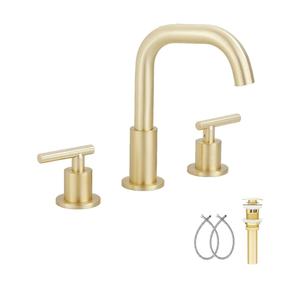 GGStudy 360° Swivel Spout 2 Handles 3 Holes 8 inch Widespread Bathroom Sink Faucet Brushed Gold Matching with Pop Up Drain