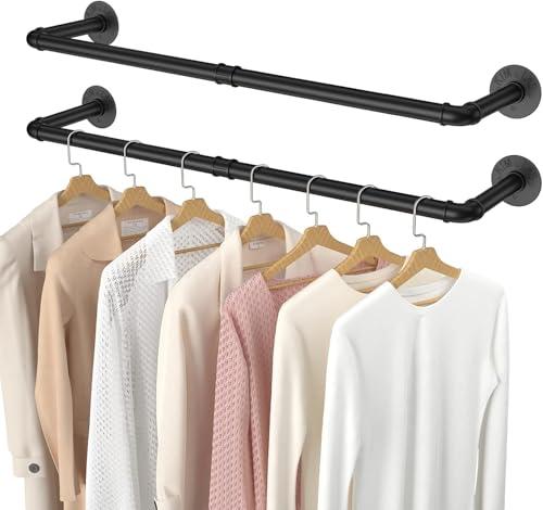 2 Pack Wall Mounted Clothes Rack, Black Industrial Pipe Clothing Rack 38.4IN,Heavy Duty Iron Garment Rack Bar For Closet,Laundry Room, Multi Purpose Hanging Rod