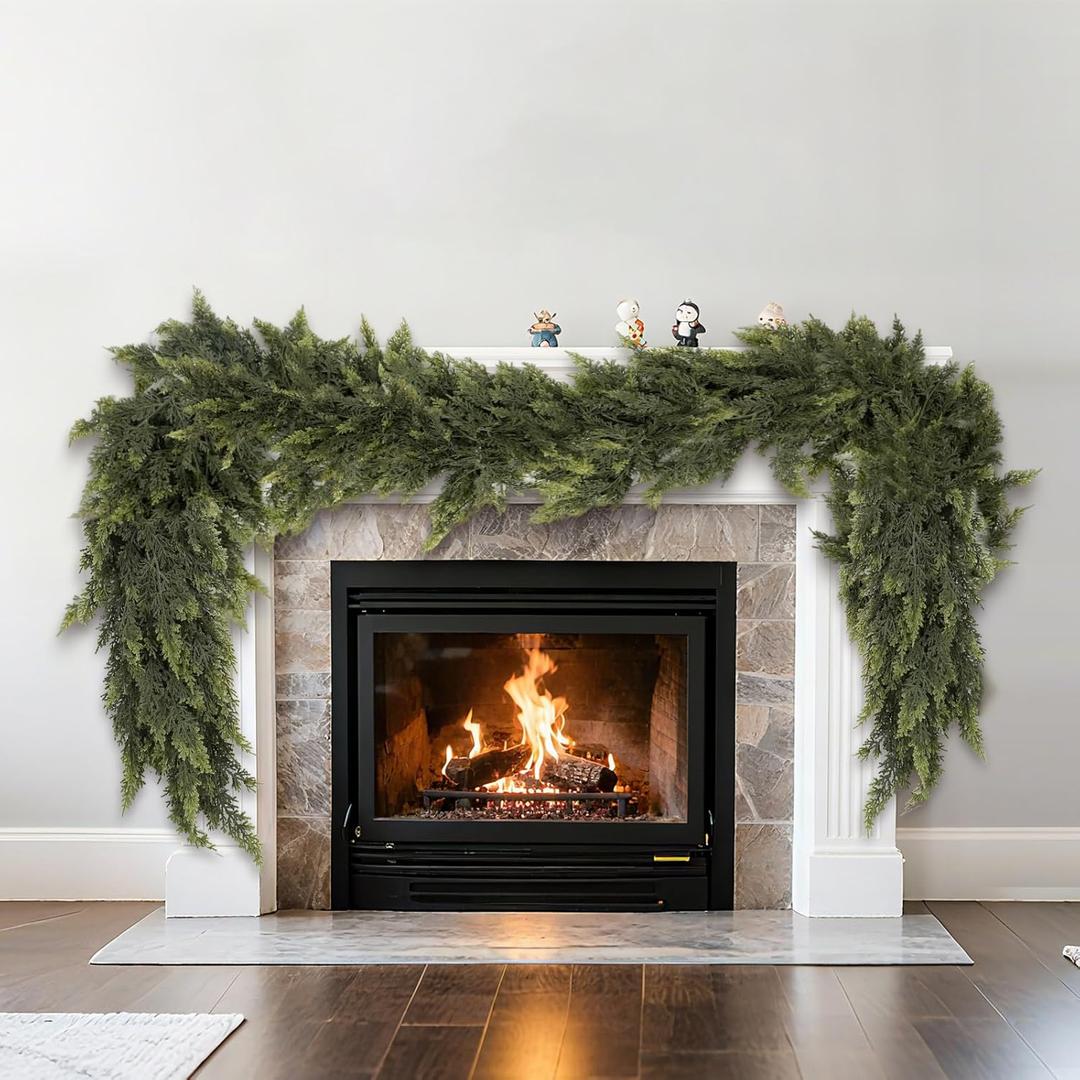 6 FT Artificial ceda Garlands, Real Touch Winter Cedar Pine Garland,Artificial Green Faux Cedar Pine Garland for Fireplace Mantle Fireplace Indoor Outdoor Holiday Party Home Decoration (1, 6FT)