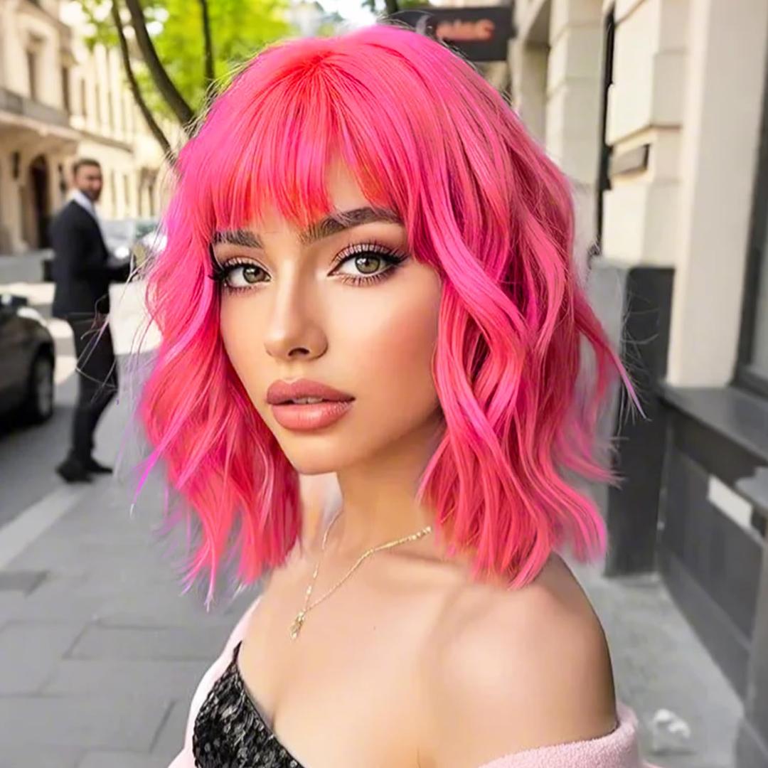 AGO Pink Wigs with Bangs Pastel Bob Wig Shoulder Length 14Inch Synthetic Hair for Women Girl Heat Resistant Fiber Wig for Daily Party Halloween Cosplay Use(XT2124#HotPink)