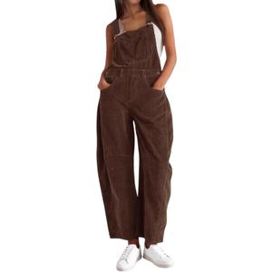 AMEBELLE Corduroy Overalls for Women Barrel Wide Leg Bib Corduroy Pants Women Adjustable Romper Jumpsuit with Pockets (Small, Brown)