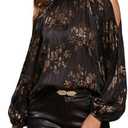 GORGLITTER Women's Cold Shoulder Tops Blouse Fall Dressy Casual Lantern Long Sleeve Mock Neck Pleated Work Shirt Tops Size XL