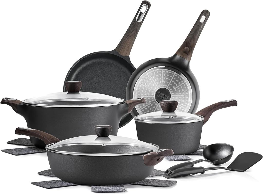 SENSARTE Pots and Pans Set Non stick, Non toxic Healthy Induction Cookware Sets, 14 Pcs Non Stick Kitchen Cooking Set with Frying Pans Set & Saucepan, PFOA PFOS Free, Black (Large)