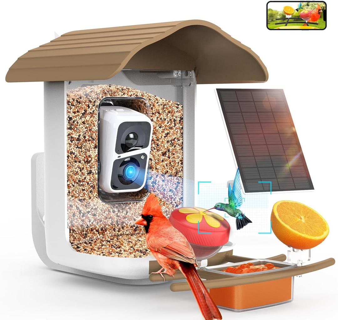 birdsnap PAV-Bird Feeder with Camera,2K HD with 64GB Card, AI Identify Smart Bird House Cam Solar Panel,Live Stream, Motion Detection, Auto Record Video for Backyard Outdoors,Ideal Gift for Bird Lover (Light Brown)