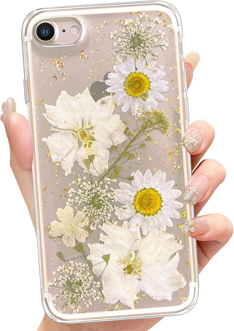 Abbery for iPhone SE Case 3rd/2nd/2020, iPhone 8/7 Case Clear Floral Pattern Cute Design Glitter&Sparkle Real Dried Pressed White Flower Slim&Thin Soft TPU Protective Women Girl's Phone Cover