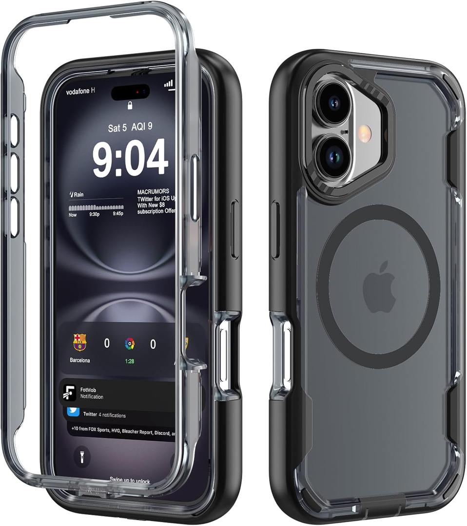 DEERLAMN Magnetic Shockproof Case for iPhone 16 6.1-Inch, [Compatible with MagSafe] [Military Grade Drop Protection] Translucent 2-Layer Durable Bumper Heavy Duty Protecive Phone Cover, Matte+Black