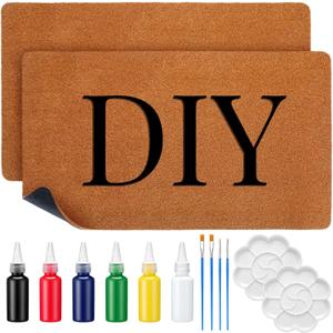2 Sets DIY Coir Front Door Mat with Acrylic Paint Brush Palette 17"x 30" Make Your Own Outdoor Indoor Entrance Personalized Blank Doormat Entry Mat with Non Slip Backing for DIY Gift