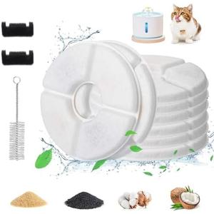 Guarm 11 Pcs Cat Fountain Filter Replacement - Compatible with 2.5L Automatic Pet Water Fountain, 4-Layer Filtration System, Includes 8 Carbon Filters, 2 Sponges, and 1 Cleaning Brush