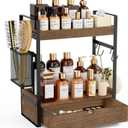 2-Tier Bathroom Counter Organizer with Drawer Basket and Hooks, Wood Bathroom Organizers and Storage for countertop, Farmhouse Dark Brown Countertop Organizer, Counter Shelf for Vanity Kitchen Office