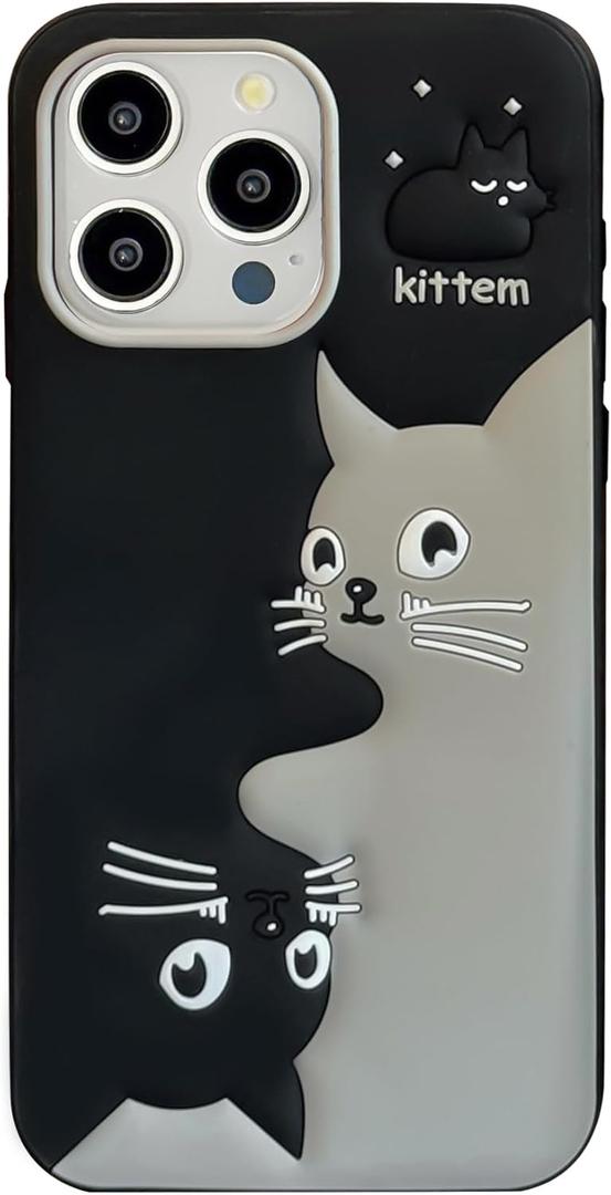 3D Couple Cat Case,Cartoon Cute Kawaii Lovely Character Lovers Cat Shape Kids Teens Girls Women Soft Silicone Case for iPhone 13/iPhone 14/iPhone 15 6.1 inch - Black