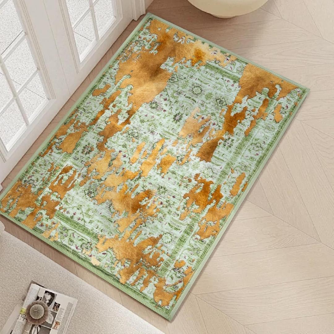 Front Door mat, 2x3 Ft Washable Area Rug Small Entryway Rug Indoor Non-Slip Throw Rugs, Ultra-Thin Accent Carpet for Kitchen Bathroom Entrance Home Decor (Orange Green)