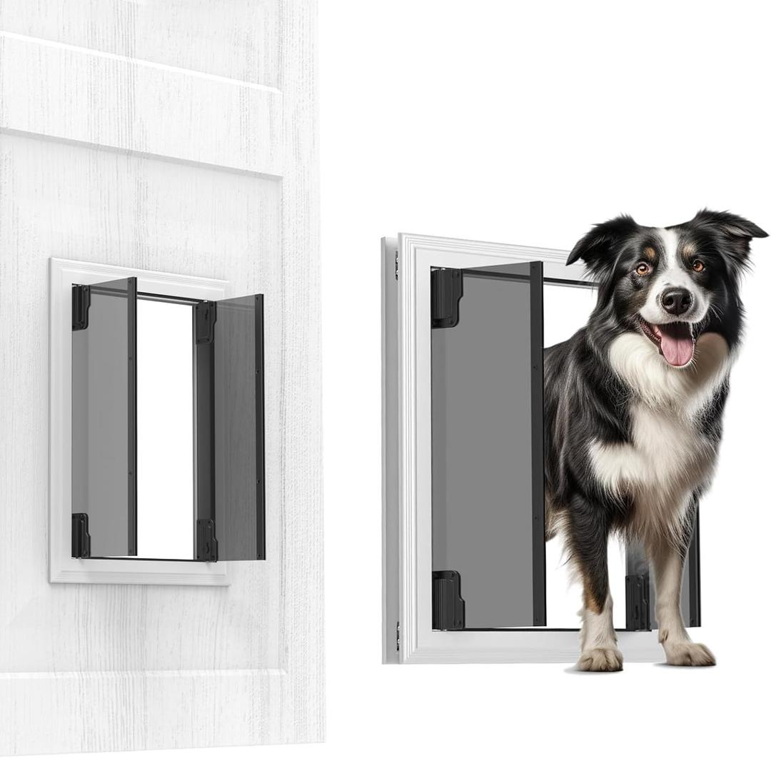 Large Dog Door, Energy Efficient French Doggy Door with Aluminum Frame, Telescoping Tunnel, Magnetic Flaps and Sliding Lock Panel - Large