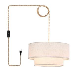 Buovikalo Plug in Pendant Light, 2-Tier Drum Linen Pendant Lights with 15.7FT Handmade Woven Light Cord，17.7" Plug in Chandelier for Dining Room Kitchen Island and Bedroom